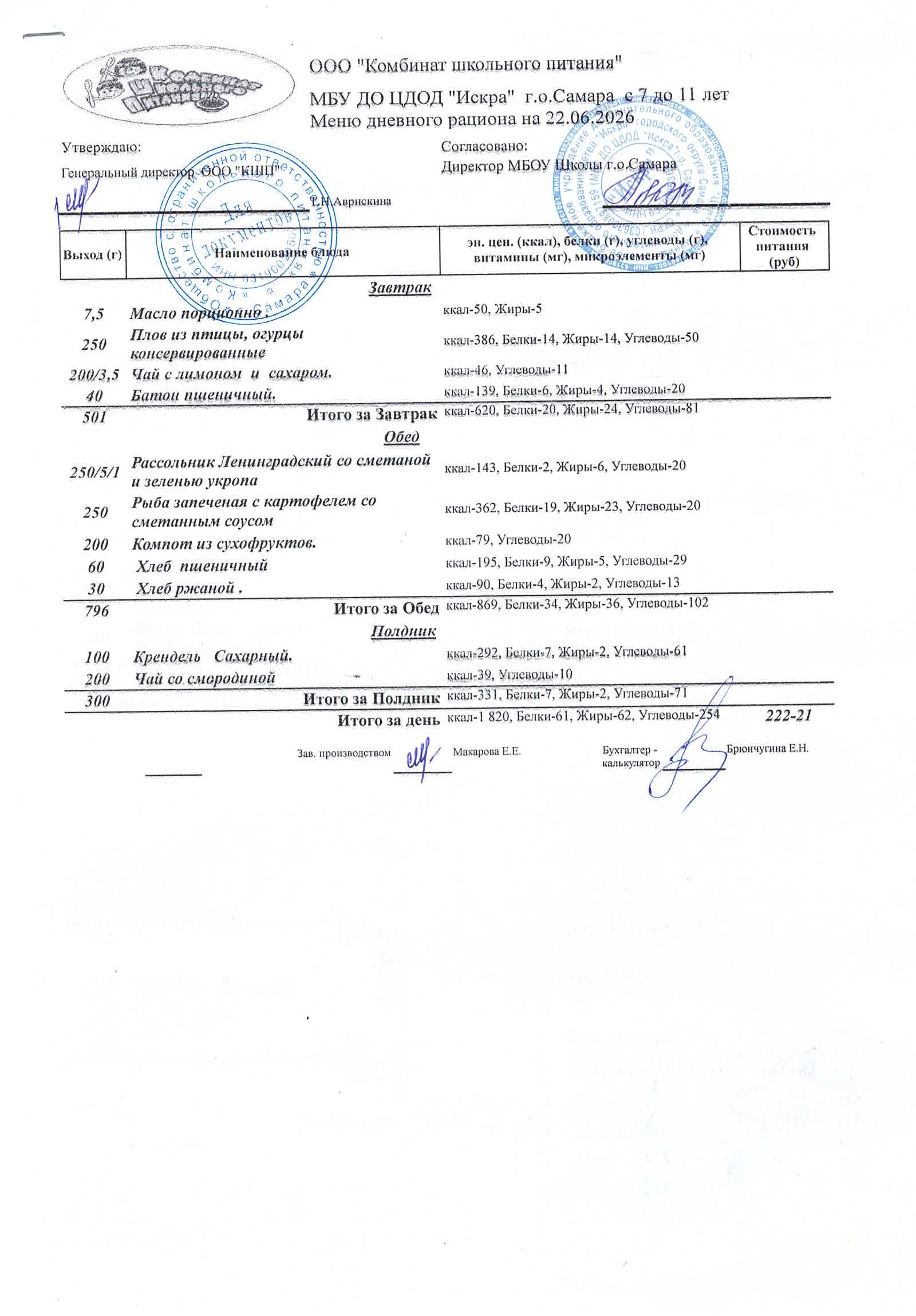 Меню на 22 июня